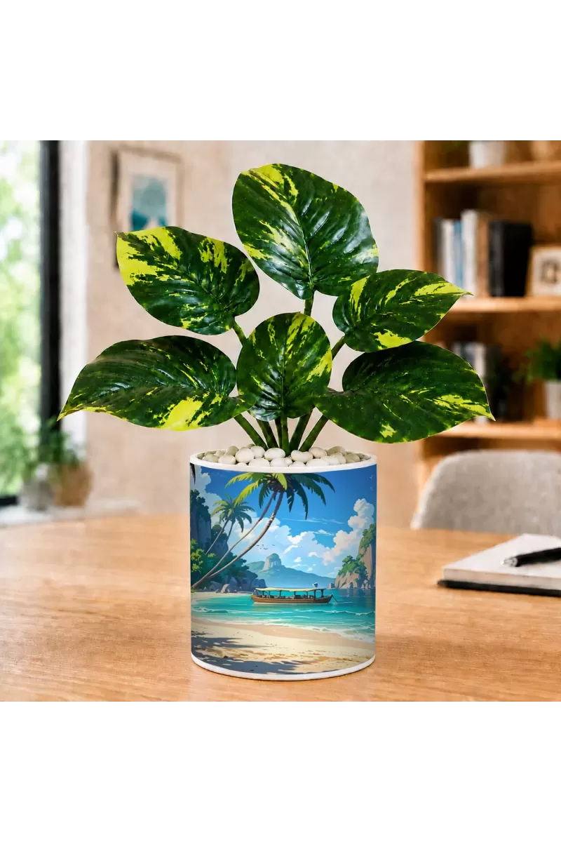 Artificial Tree Ceramic Photo Pot With White Stones 3x4 Inch (F166567)