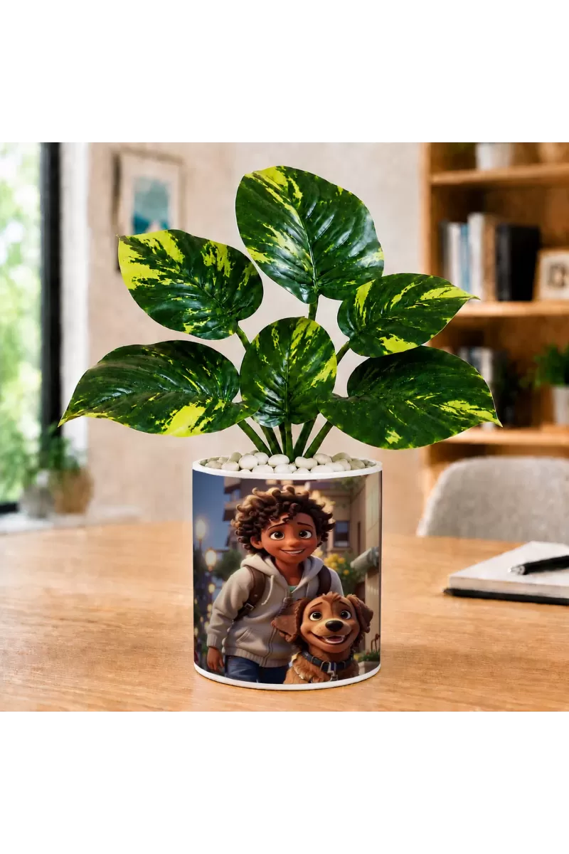 Artificial Tree Ceramic Photo Pot With White Stones 3x4 Inch (F166577)
