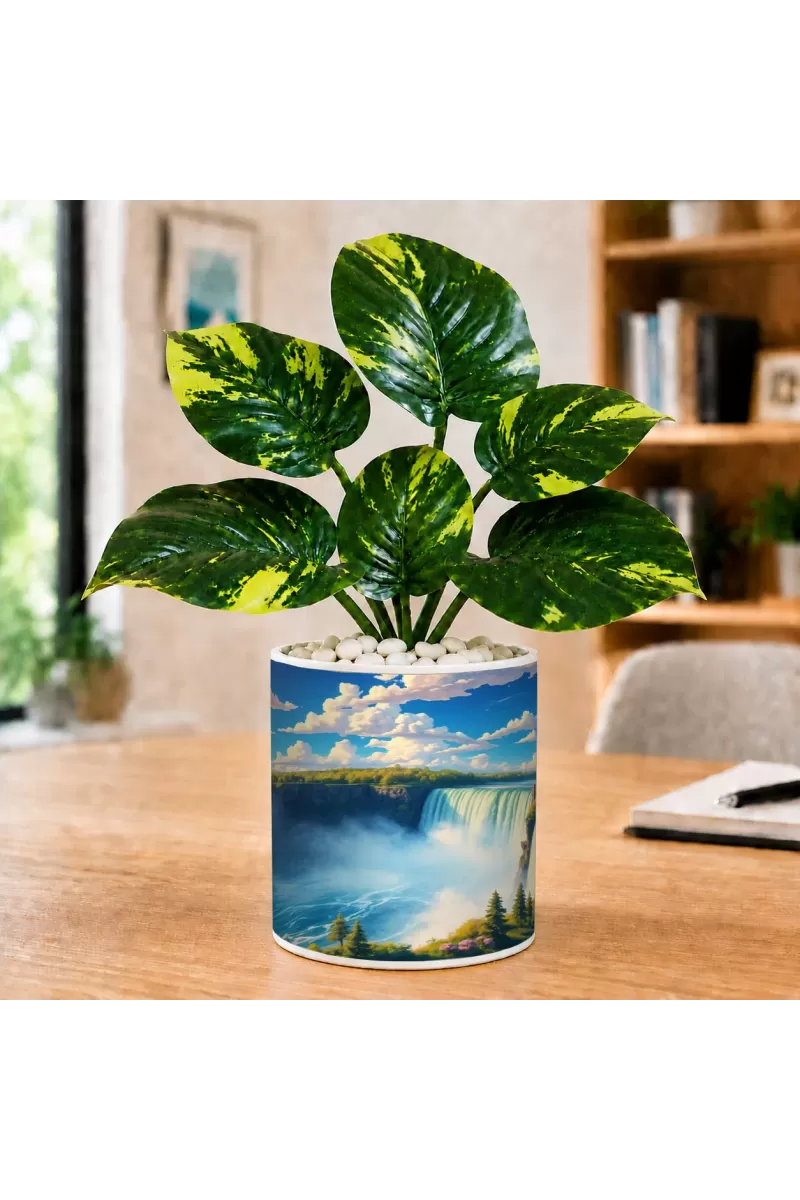 Artificial Tree Ceramic Photo Pot With White Stones 3x4 Inch (F166579)