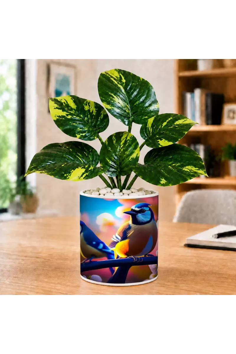 Artificial Tree Ceramic Photo Pot With White Stones 3x4 Inch (F166585)