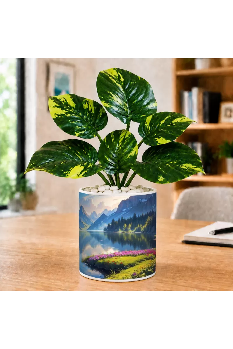 Artificial Tree Ceramic Photo Pot With White Stones 3x4 Inch (F166591)