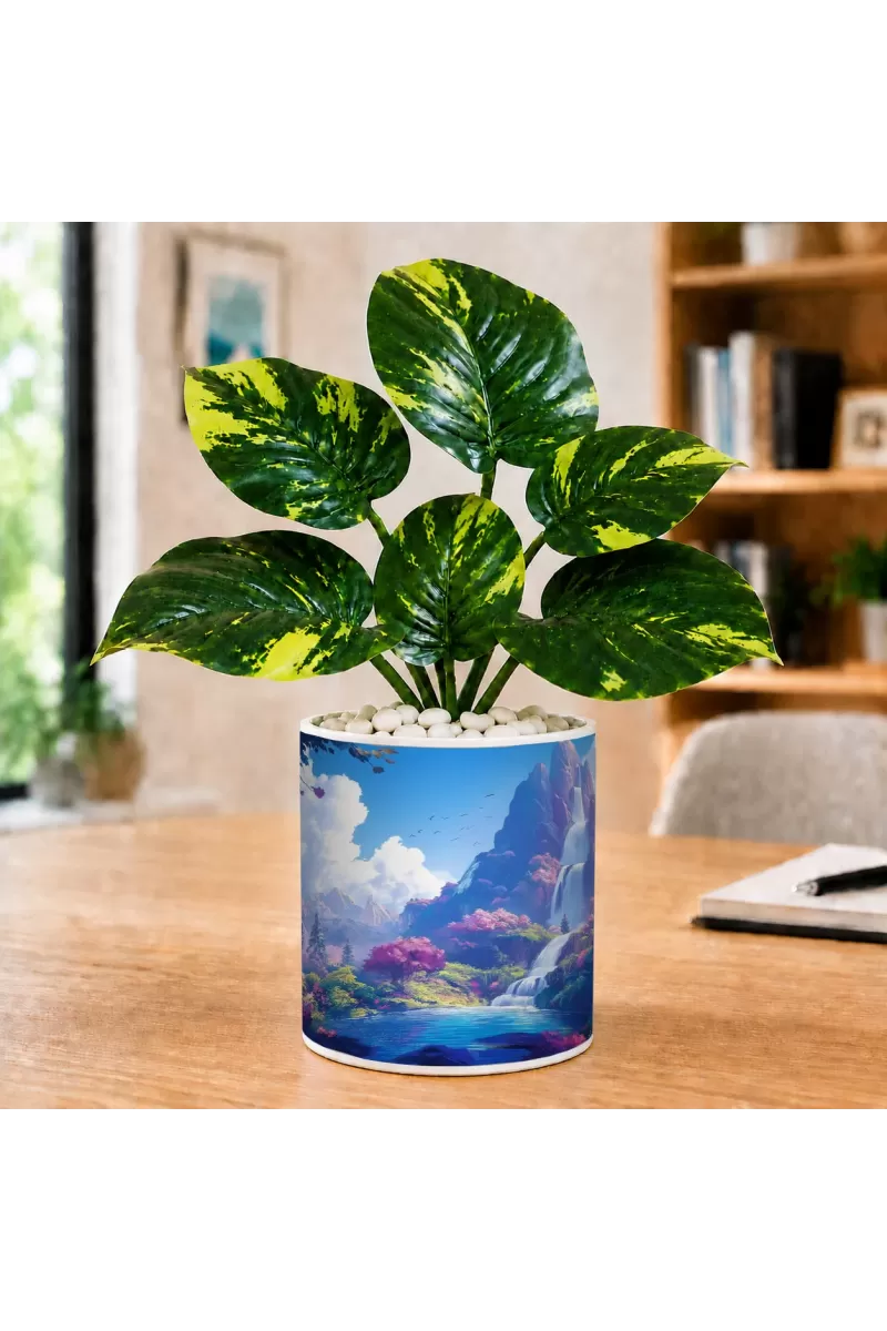 Artificial Tree Ceramic Photo Pot With White Stones 3x4 Inch (F166593)