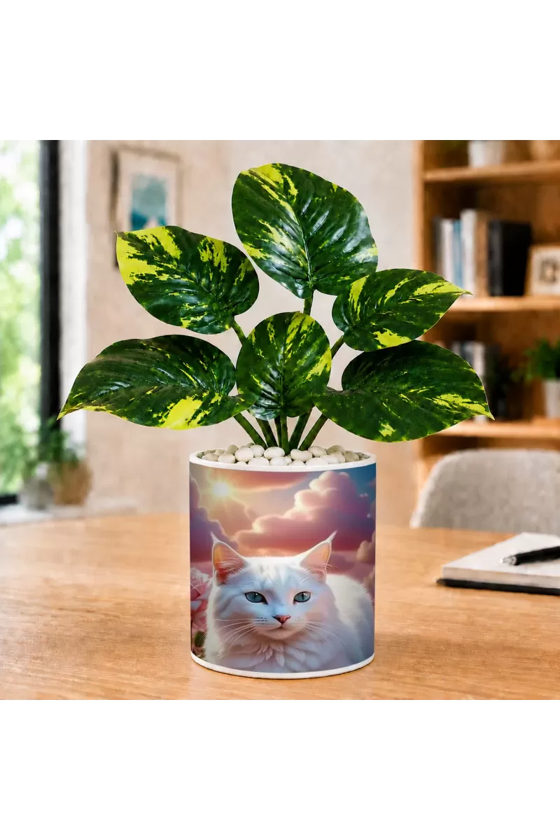 Artificial Tree Ceramic Photo Pot With White Stones 3x4 Inch (F166601)