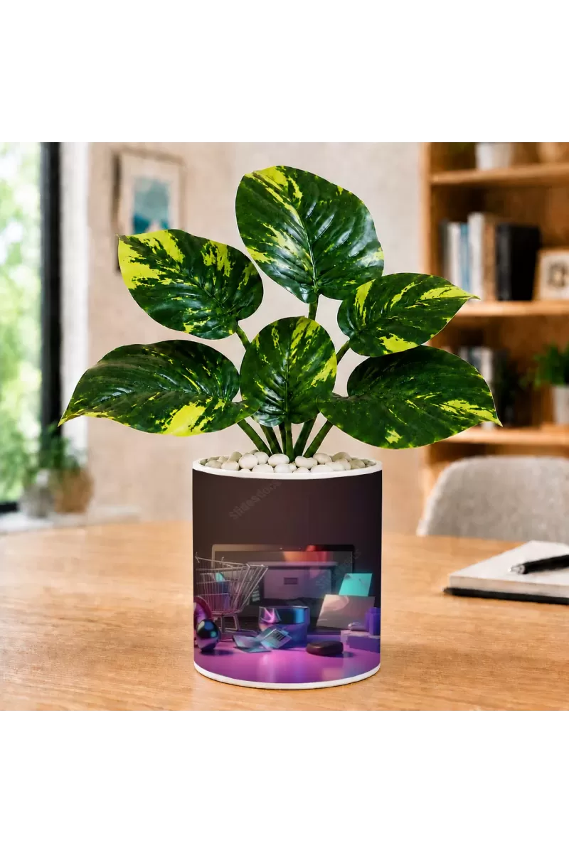 Artificial Tree Ceramic Photo Pot With White Stones 3x4 Inch (F166606)
