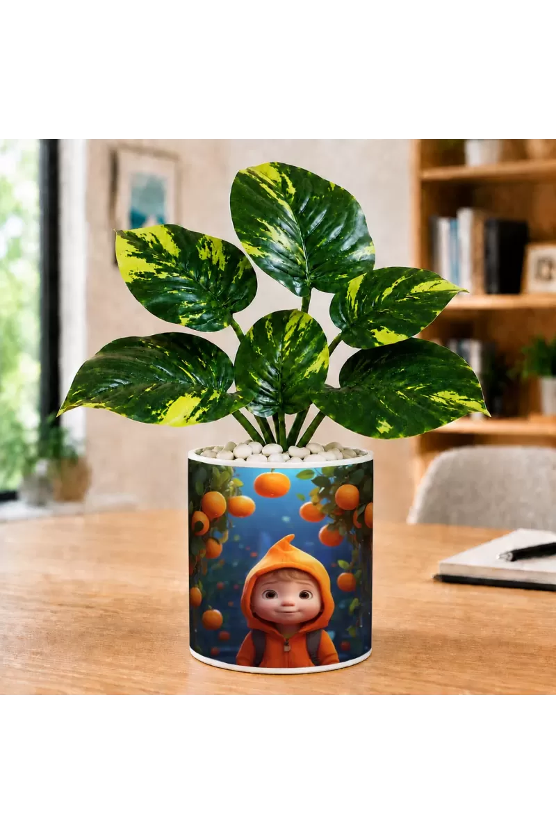 Artificial Tree Ceramic Photo Pot With White Stones 3x4 Inch (F166615)