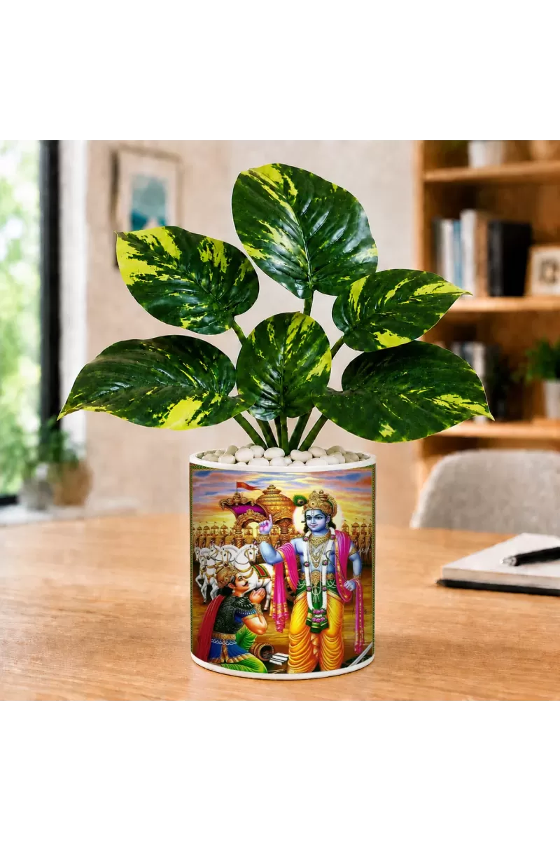 Artificial Tree Ceramic Photo Pot With White Stones 3x4 Inch (F166622)
