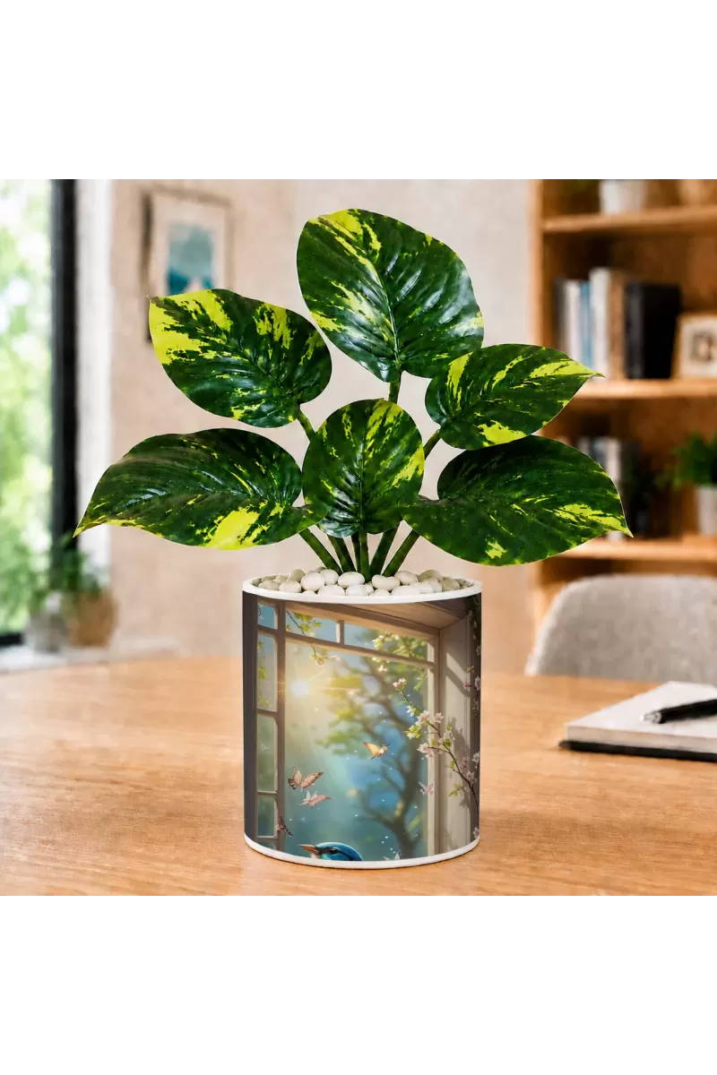 Artificial Tree Ceramic Photo Pot With White Stones 3x4 Inch (F166639)