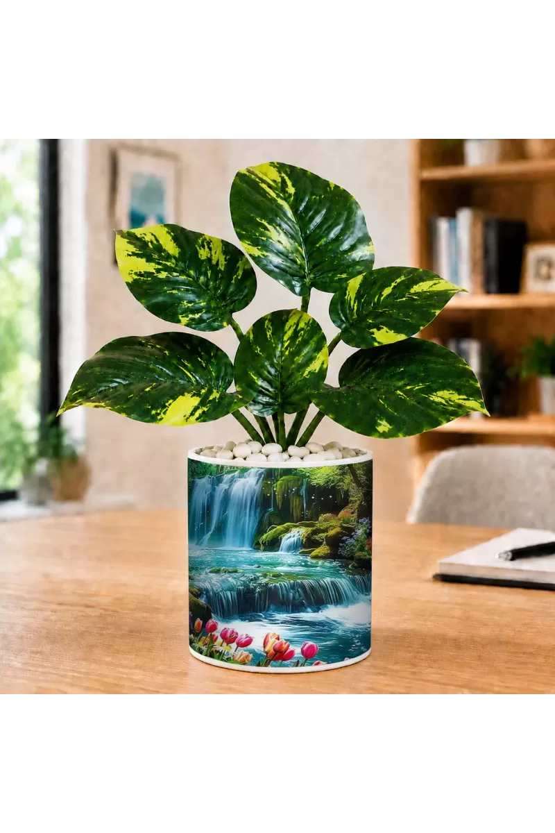 Artificial Tree Ceramic Photo Pot With White Stones 3x4 Inch (F166649)