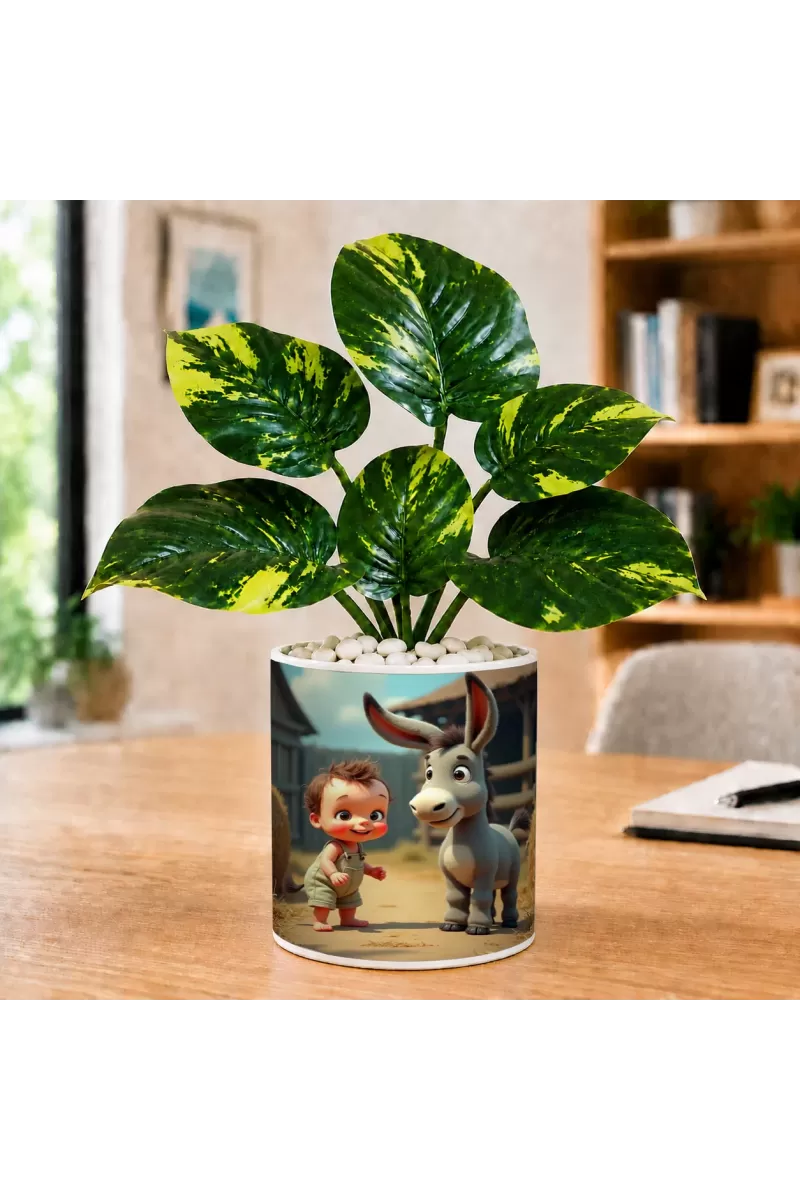 Artificial Tree Ceramic Photo Pot With White Stones 3x4 Inch (F166650)
