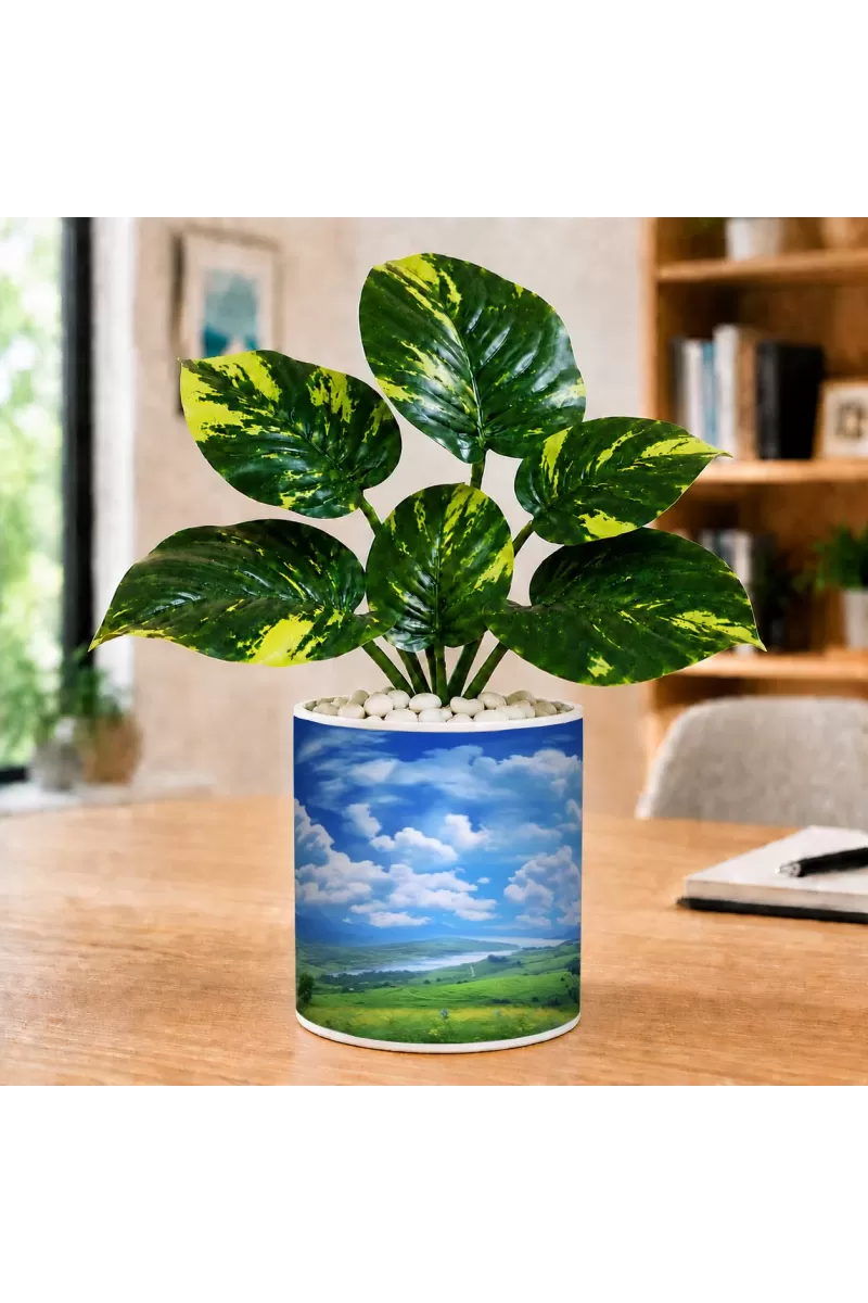 Artificial Tree Ceramic Photo Pot With White Stones 3x4 Inch (F166659)