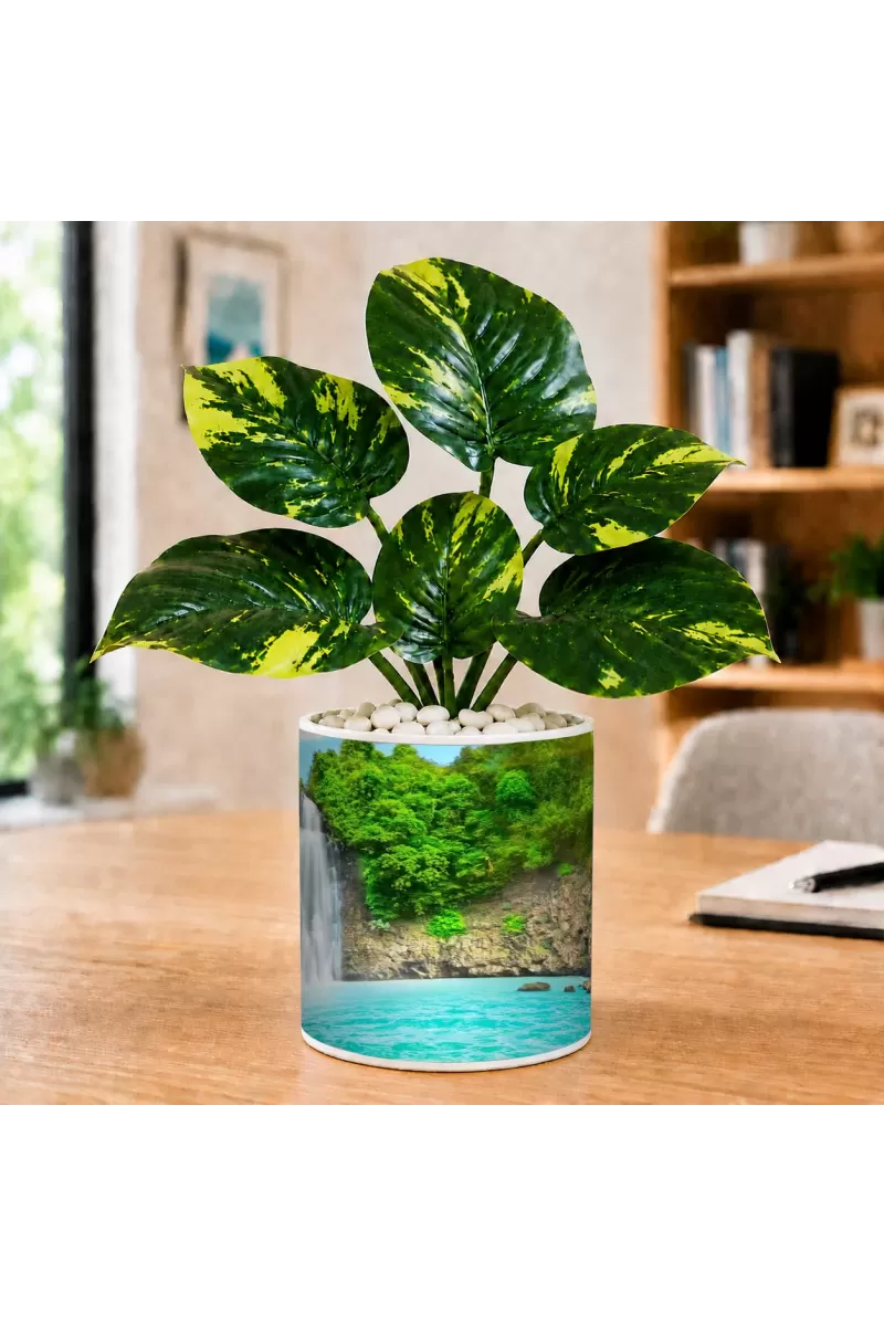 Artificial Tree Ceramic Photo Pot With White Stones 3x4 Inch (F166665)