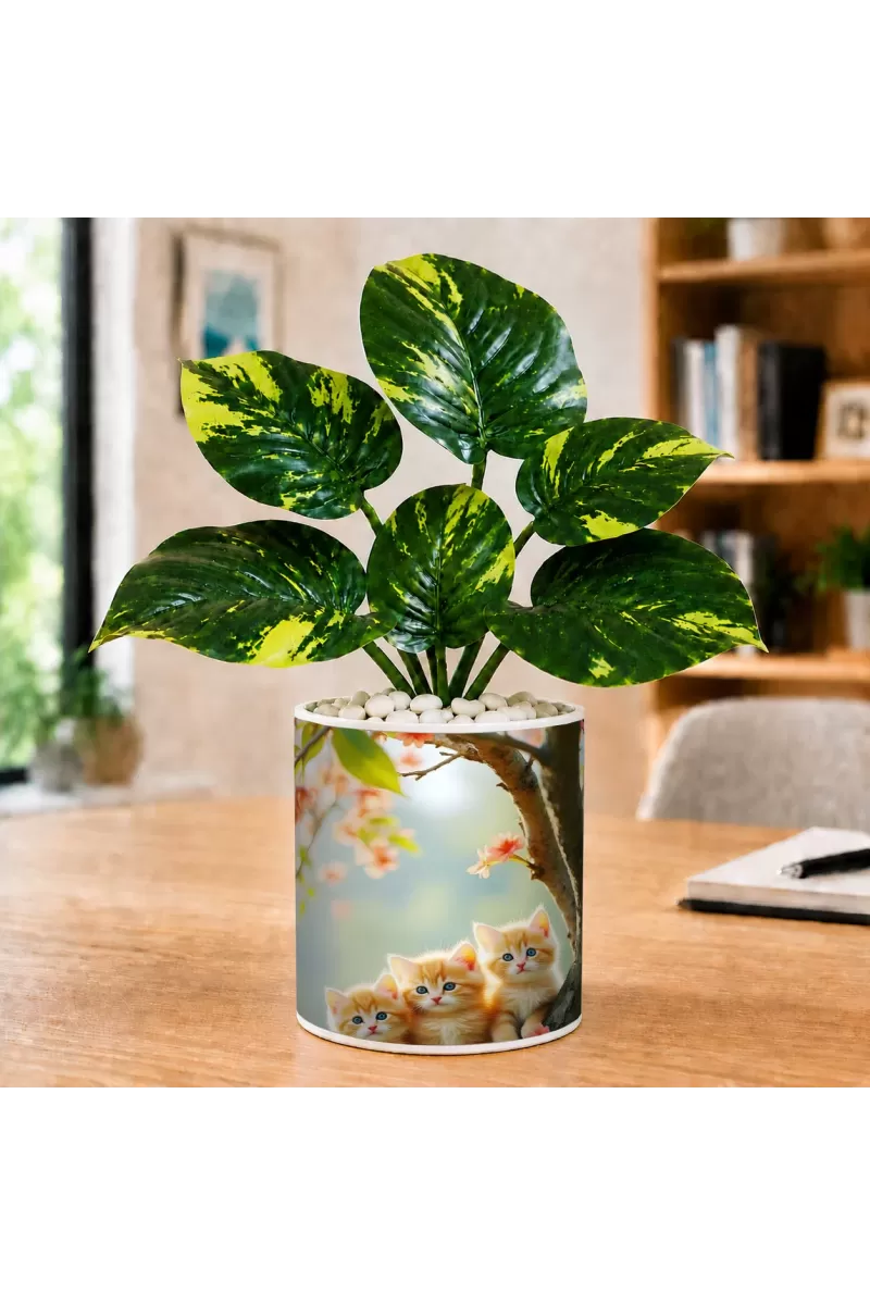 Artificial Tree Ceramic Photo Pot With White Stones 3x4 Inch (F166667)