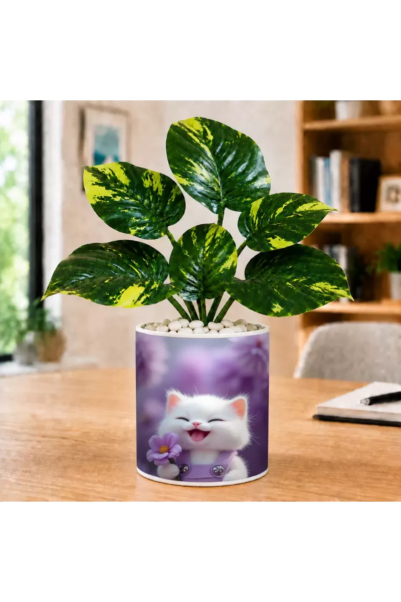 Artificial Tree Ceramic Photo Pot With White Stones 3x4 Inch (F166668)