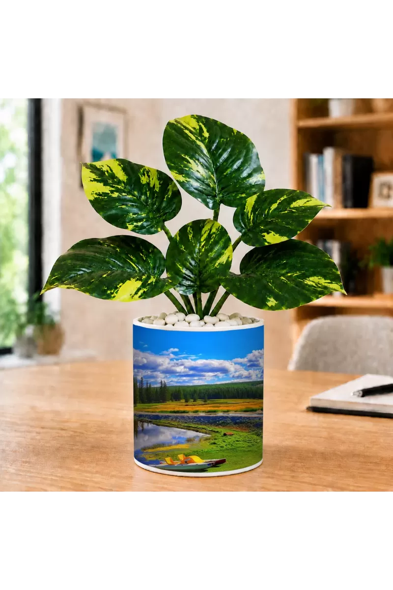 Artificial Tree Ceramic Photo Pot With White Stones 3x4 Inch (F166702)