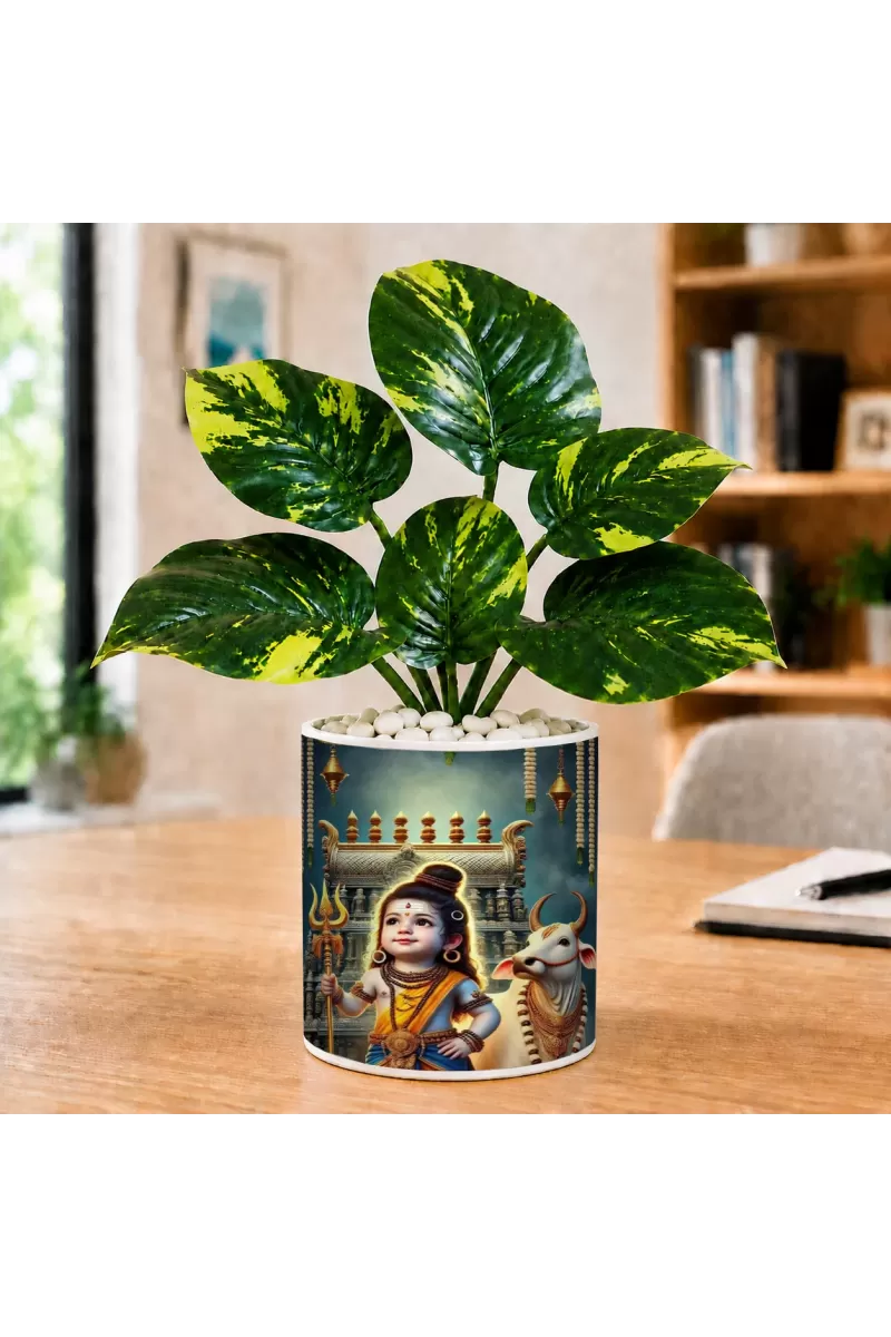 Artificial Tree Ceramic Photo Pot With White Stones 3x4 Inch (F166709)