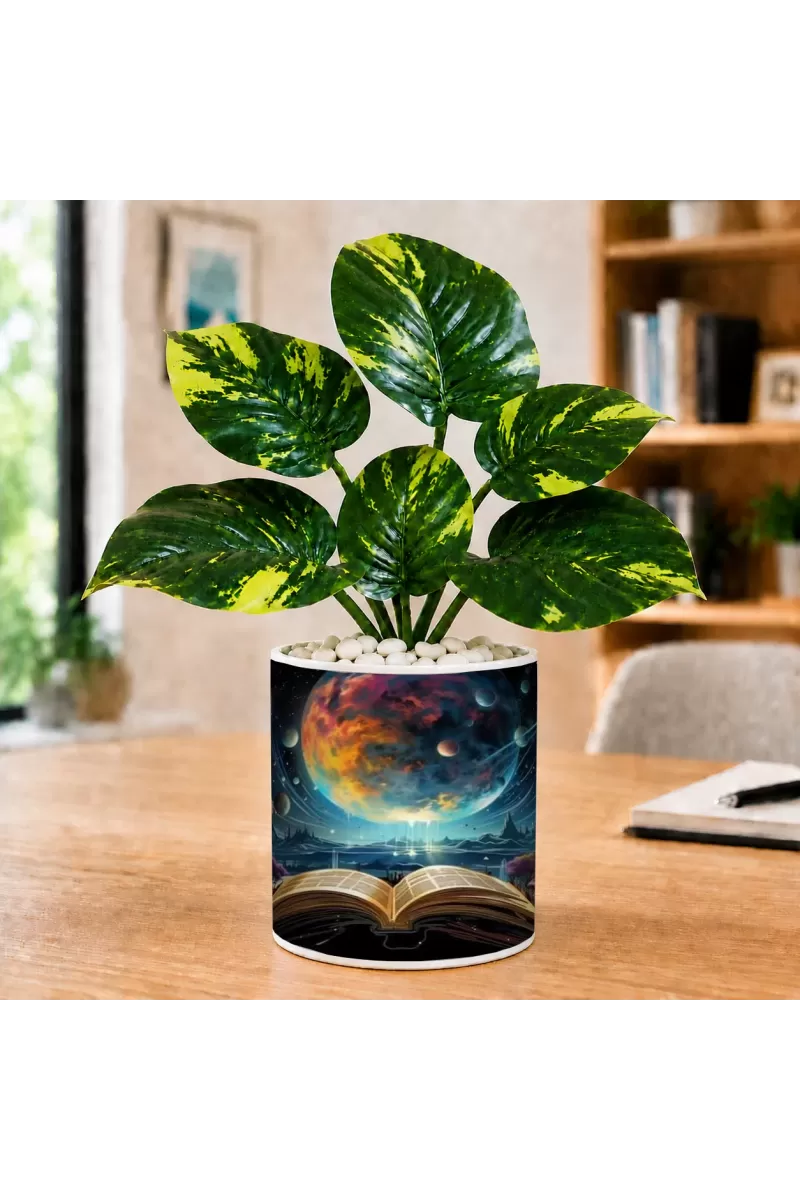 Artificial Tree Ceramic Photo Pot With White Stones 3x4 Inch (F166711)