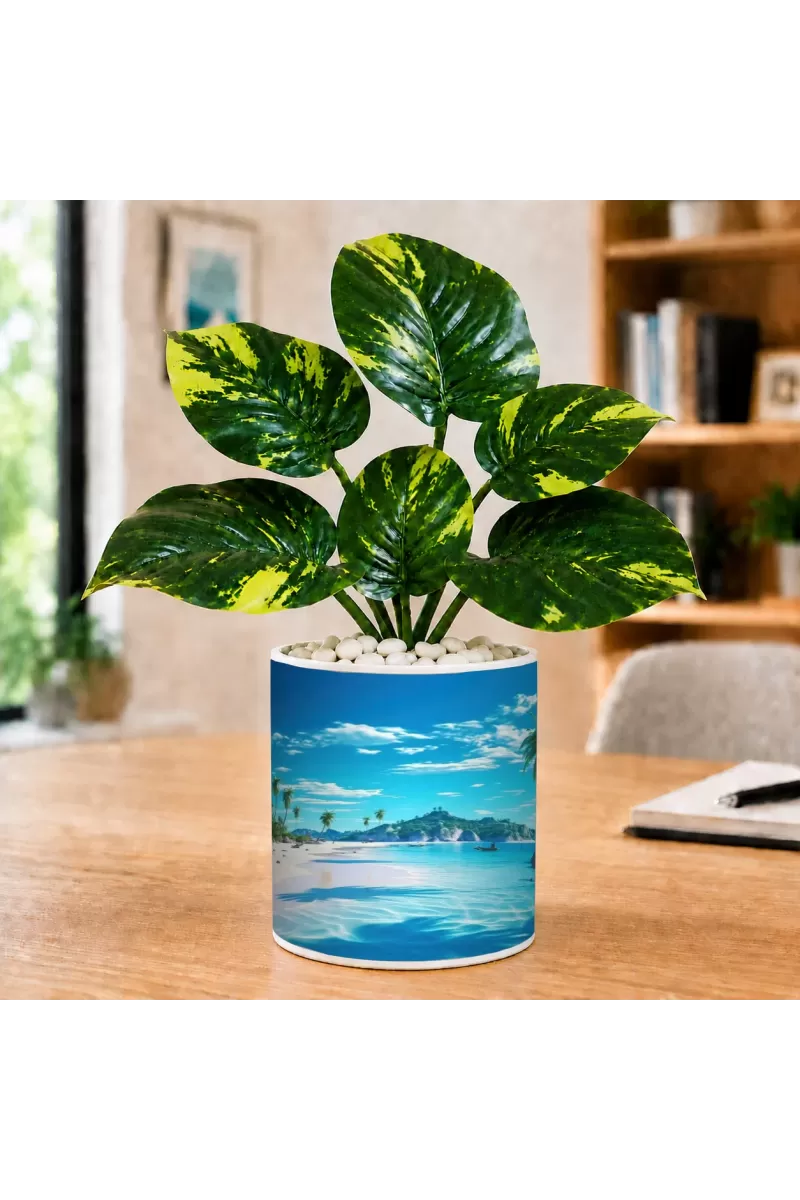 Artificial Tree Ceramic Photo Pot With White Stones 3x4 Inch (F166719)
