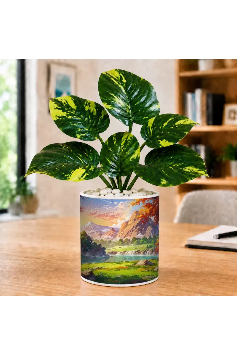 Artificial Tree Ceramic Photo Pot With White Stones 3x4 Inch (F166724)
