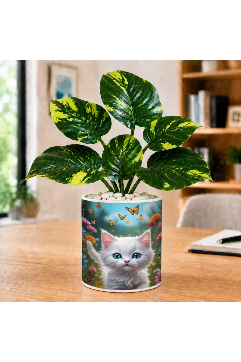 Artificial Tree Ceramic Photo Pot With White Stones 3x4 Inch (F166733)