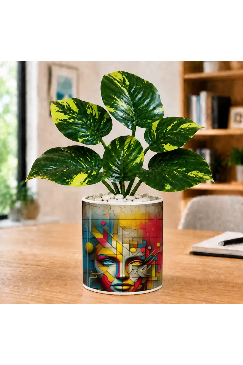 Artificial Tree Ceramic Photo Pot With White Stones 3x4 Inch (F166741)