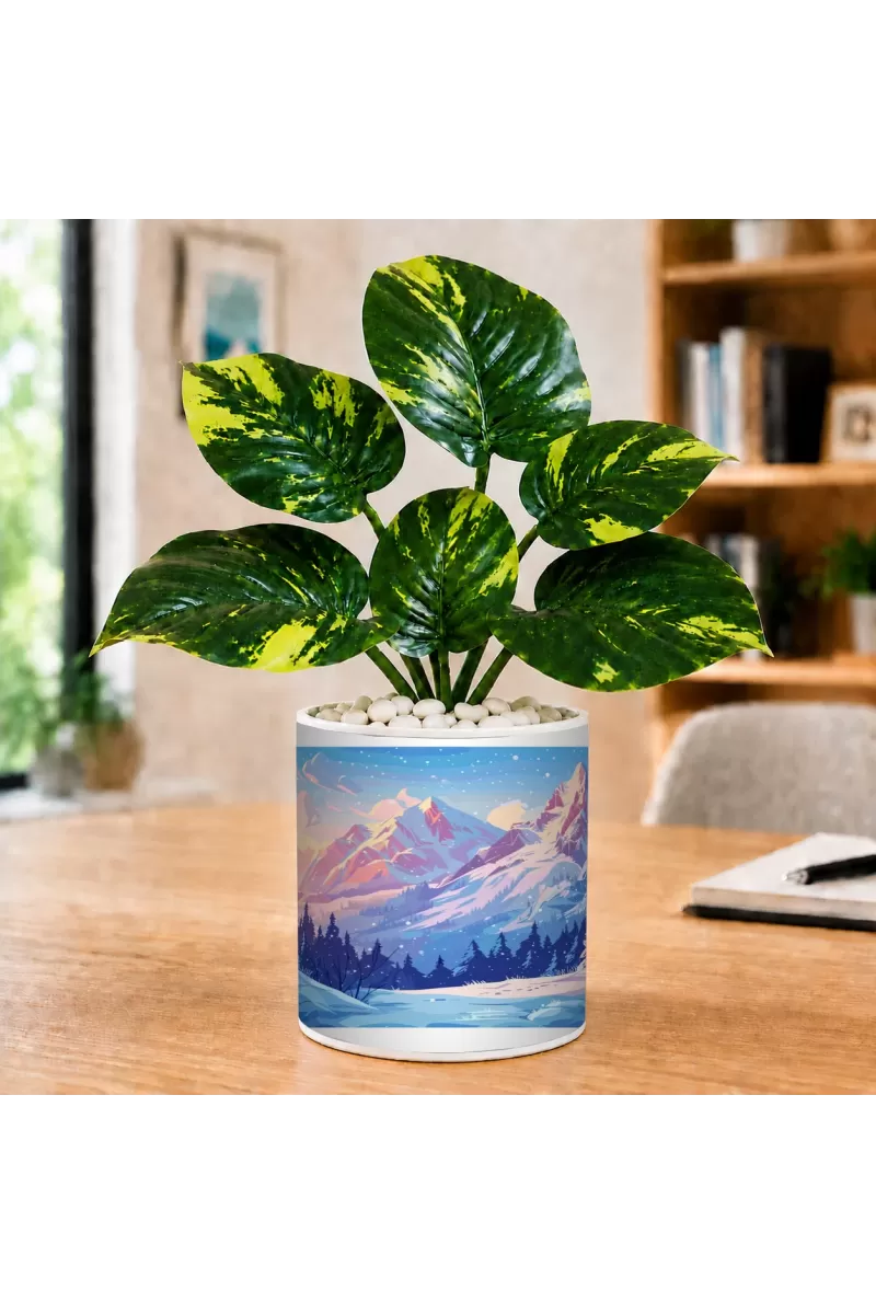 Artificial Tree Ceramic Photo Pot With White Stones 3x4 Inch (F166744)
