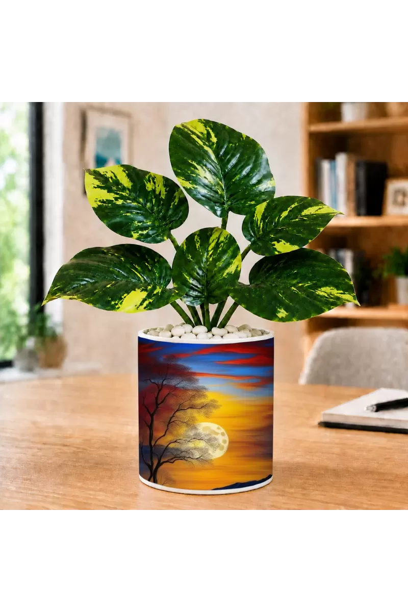 Artificial Tree Ceramic Photo Pot With White Stones 3x4 Inch (F166745)