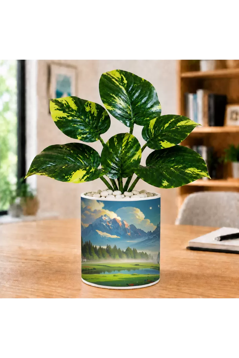 Artificial Tree Ceramic Photo Pot With White Stones 3x4 Inch (F166746)
