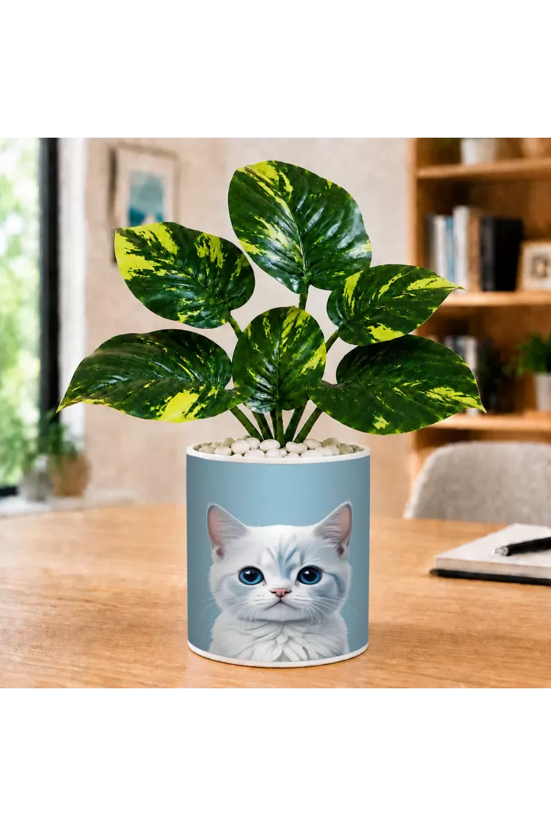 Artificial Tree Ceramic Photo Pot With White Stones 3x4 Inch (F166757)