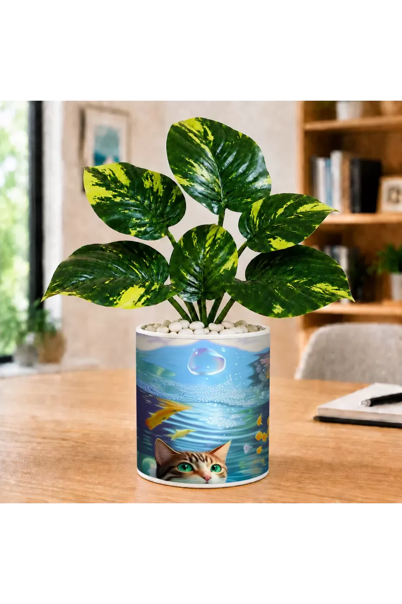 Artificial Tree Ceramic Photo Pot With White Stones 3x4 Inch (F166760)