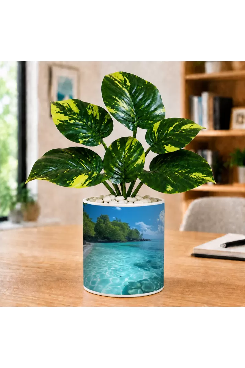 Artificial Tree Ceramic Photo Pot With White Stones 3x4 Inch (F166768)