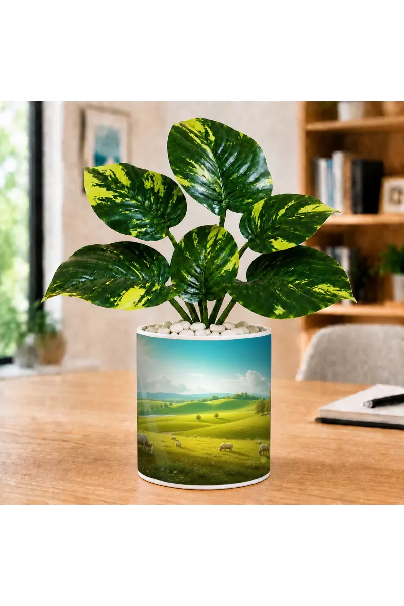 Artificial Tree Ceramic Photo Pot With White Stones 3x4 Inch (F166784)
