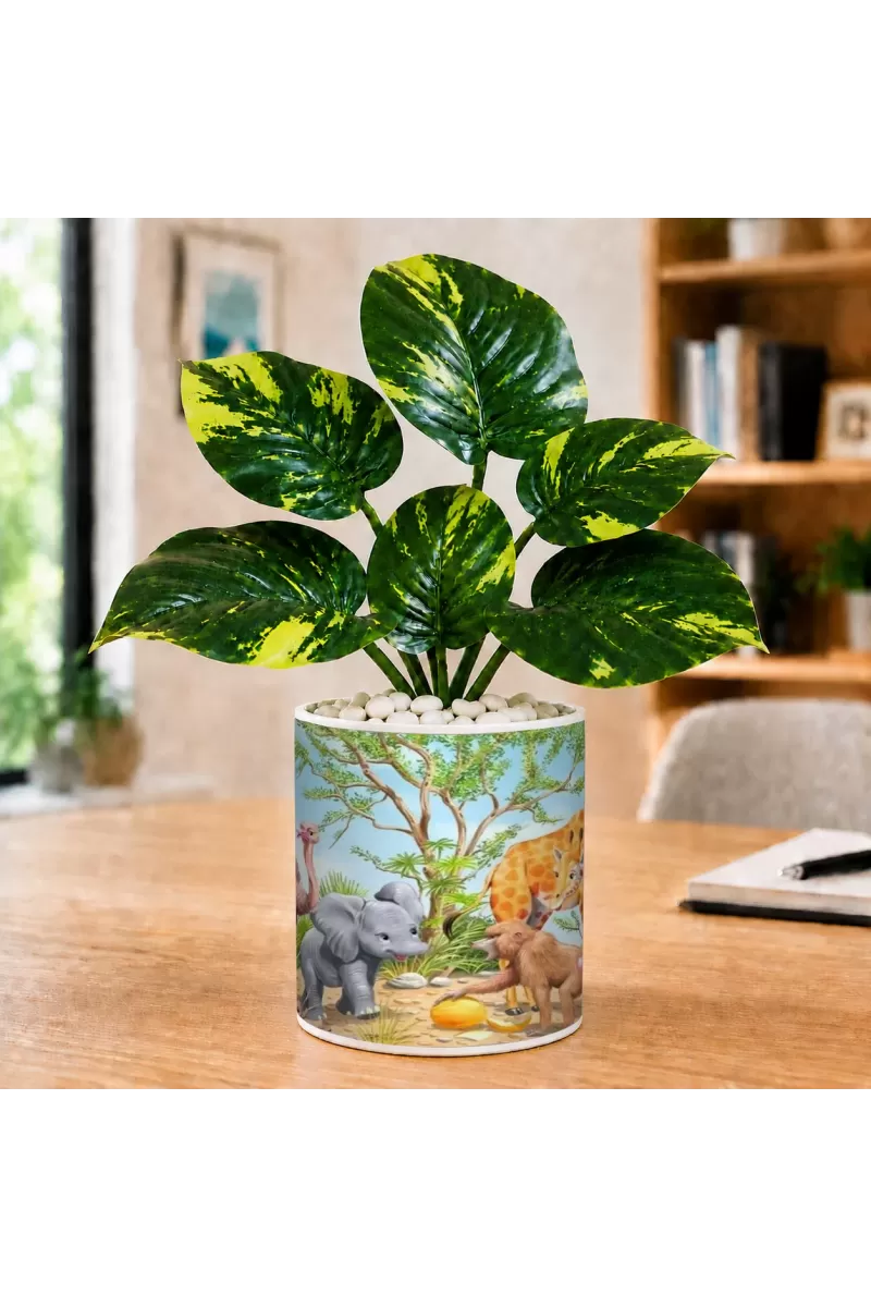 Artificial Tree Ceramic Photo Pot With White Stones 3x4 Inch (F166785)