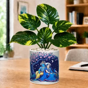 Artificial Tree Ceramic Photo Pot With White Stones 3x4 Inch (F166788)