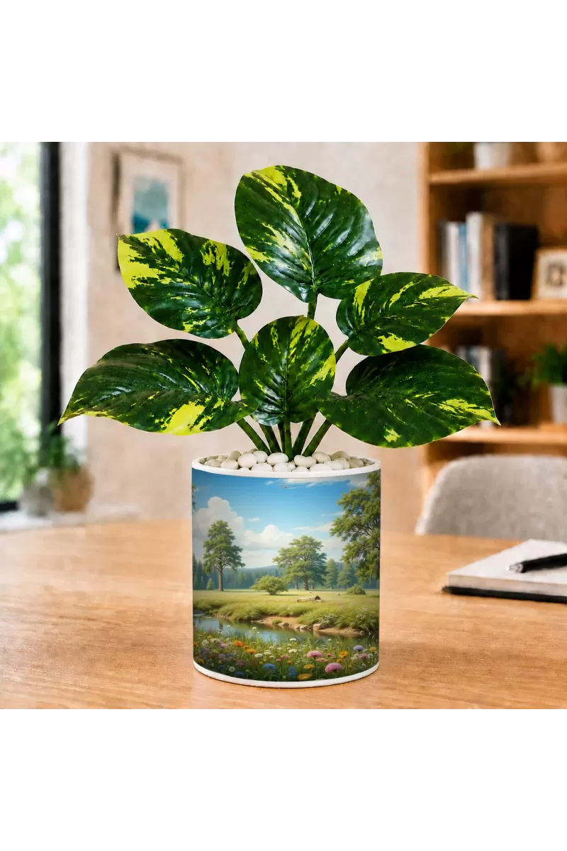 Artificial Tree Ceramic Photo Pot With White Stones 3x4 Inch (F166796)