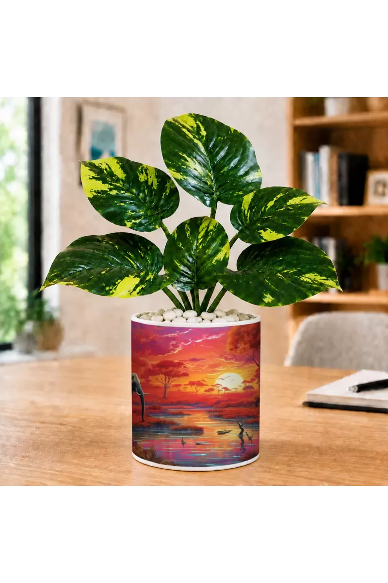 Artificial Tree Ceramic Photo Pot With White Stones 3x4 Inch (F166799)