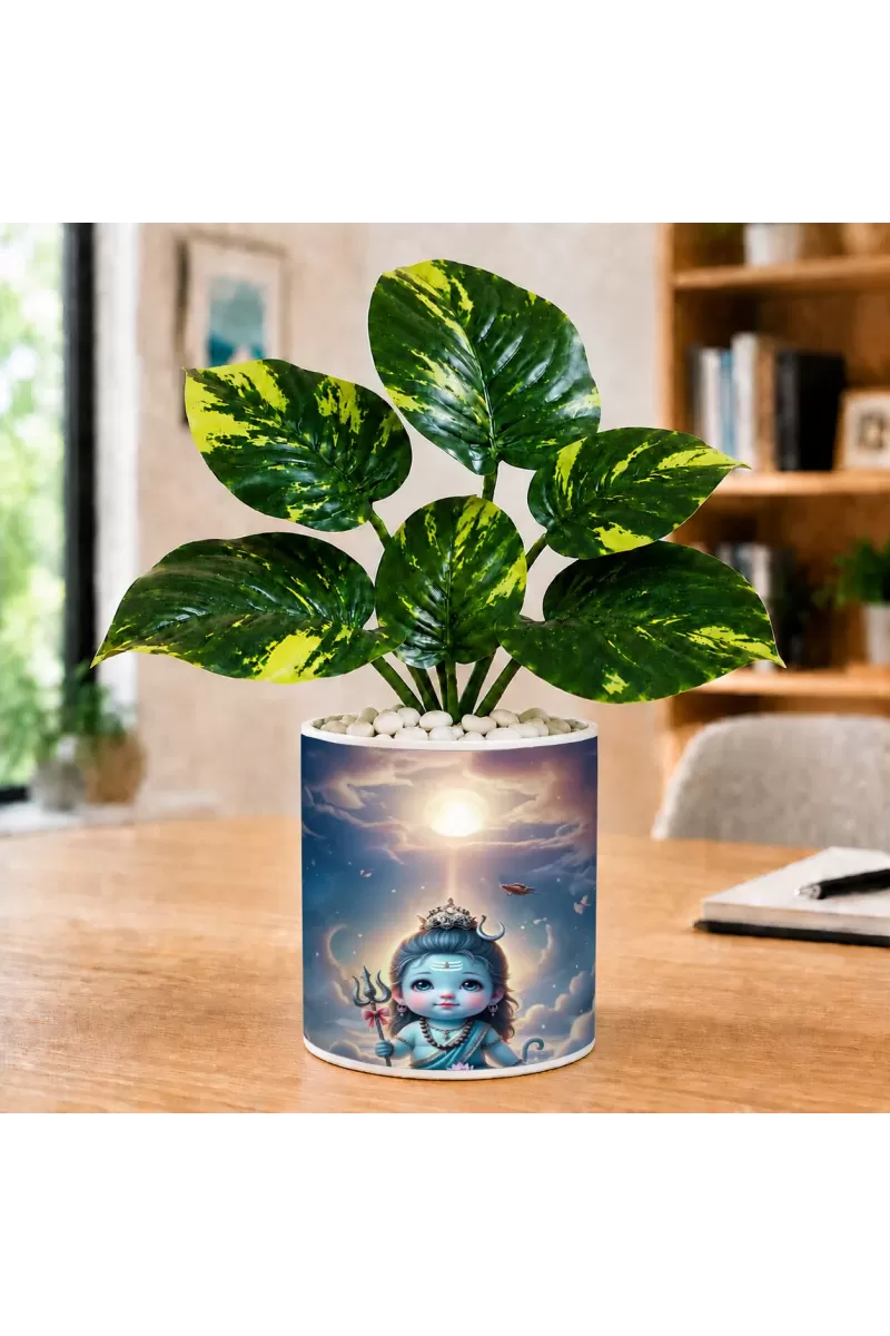Artificial Tree Ceramic Photo Pot With White Stones 3x4 Inch (F166807)
