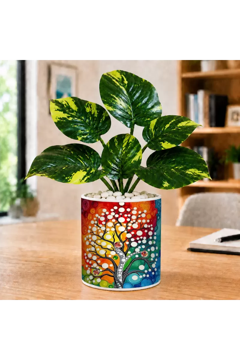 Artificial Tree Ceramic Photo Pot With White Stones 3x4 Inch (F166816)