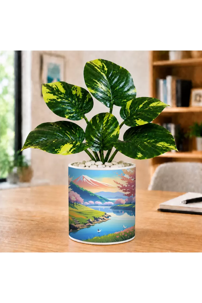 Artificial Tree Ceramic Photo Pot With White Stones 3x4 Inch (F166829)