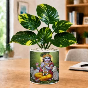 Artificial Tree Ceramic Photo Pot With White Stones 3x4 Inch (F166833)