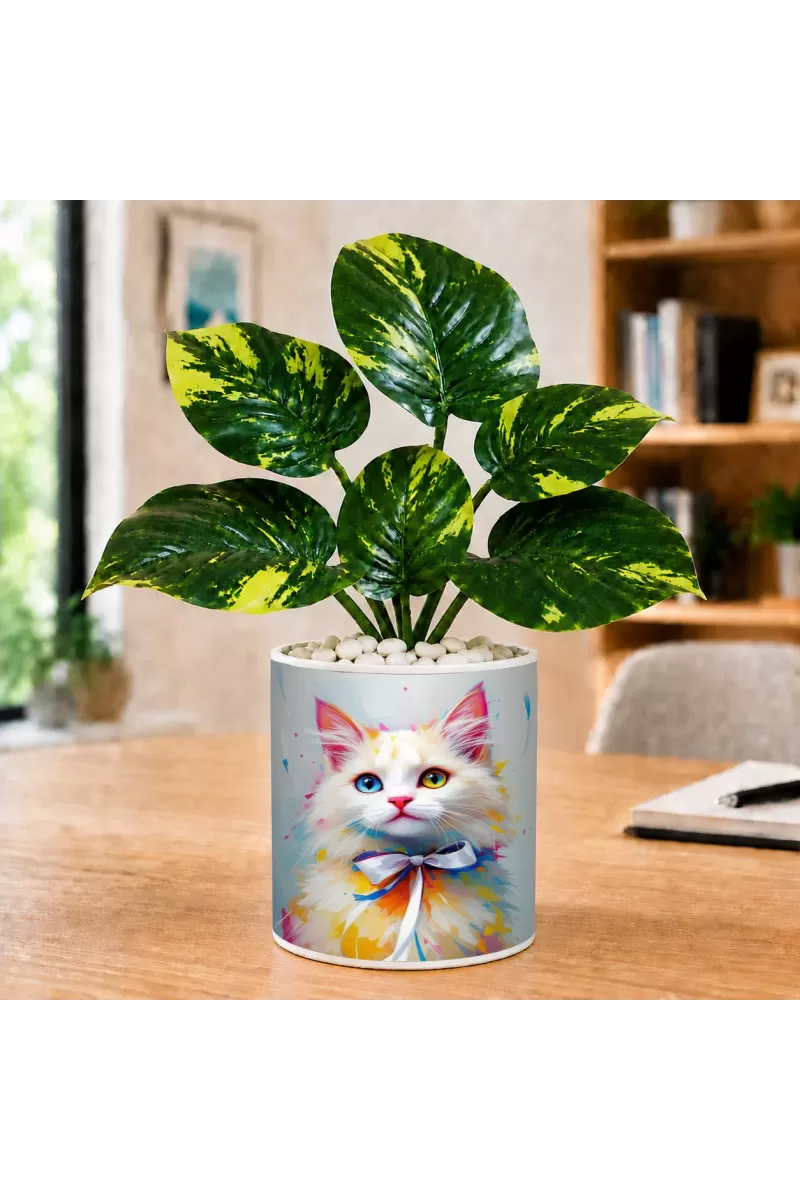 Artificial Tree Ceramic Photo Pot With White Stones 3x4 Inch (F166840)