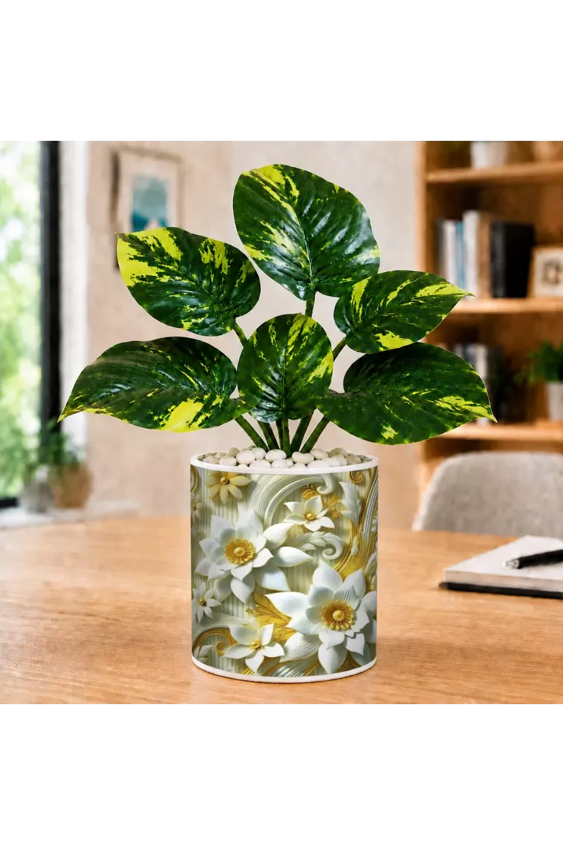 Artificial Tree Ceramic Photo Pot With White Stones 3x4 Inch (F166847)