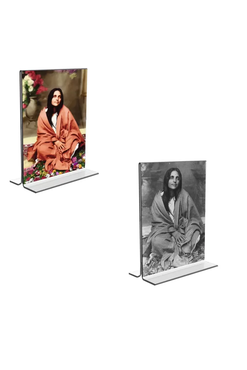 Car Desk/Table Top Maa Anandamayee Maa Acrylic T-Style Photo Stand - 2.5x3.5 Inches, Compact And Stylish Spiritual Display, Easily Change  2 Photos ( Pack Of 1 ) (F9208)