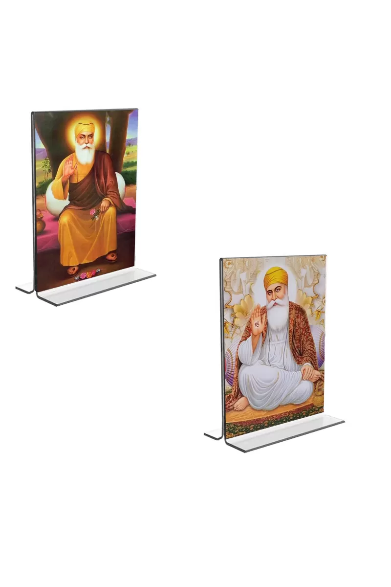 Car Desk/Table Top Guru Nanak  Acrylic T-Style Photo Stand - 2.5x3.5 Inches, Compact And Stylish Spiritual Display, Easily Change  2 Photos ( Pack Of 1 ) (F9209)