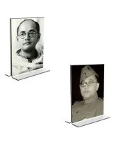 Car Desk/Table Top Netaji Subhas Chandra Bose  Acrylic T-Style Photo Stand - 2.5x3.5 Inches, Compact And Stylish Spiritual Display, Easily Change  2 Photos ( Pack Of 1 ) (F9210)