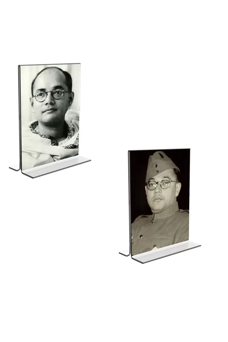 Car Desk/Table Top Netaji Subhas Chandra Bose  Acrylic T-Style Photo Stand - 2.5x3.5 Inches, Compact And Stylish Spiritual Display, Easily Change  2 Photos ( Pack Of 1 ) (F9210)