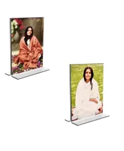 Car Desk/Table Top Anandamayee Maa Acrylic T-Style Photo Stand - 2.5x3.5 Inches, Compact And Stylish Spiritual Display, Easily Change  2 Photos ( Pack Of 1 ) (F9211)