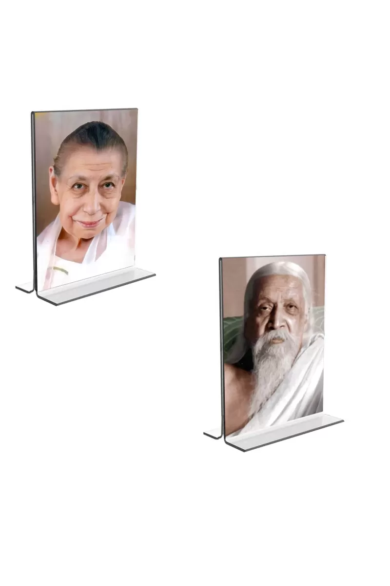 Car Desk/Table Top Sri Aurobindo & Maa Mirra Alfassa  Acrylic T-Style Photo Stand - 2.5x3.5 Inches, Compact And Stylish Spiritual Display, Easily Change  2 Photos ( Pack Of 1 ) (F9214)