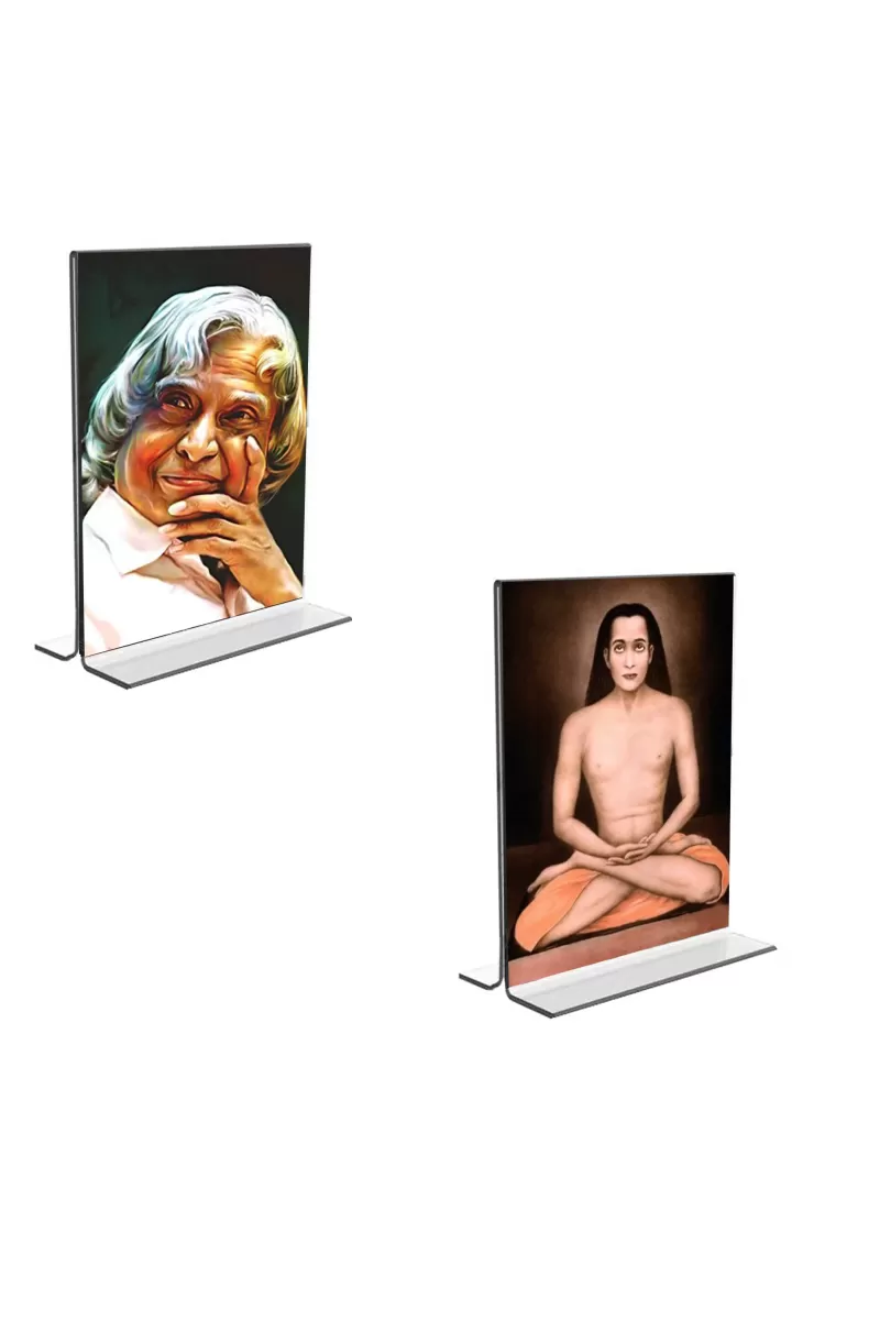 Car Desk/Table Top Sri Sri Yogananda & Mahavatar Babaji Acrylic T-Style Photo Stand - 2.5x3.5 Inches, Compact And Stylish Spiritual Display, Easily Change  2 Photos ( Pack Of 1 ) (F9216)
