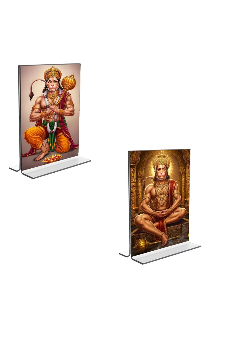 Car Desk/Table Top Sri Hanuman  Acrylic T-Style Photo Stand - 2.5x3.5 Inches, Compact And Stylish Spiritual Display, Easily Change  2 Photos ( Pack Of 1 ) (F9217)