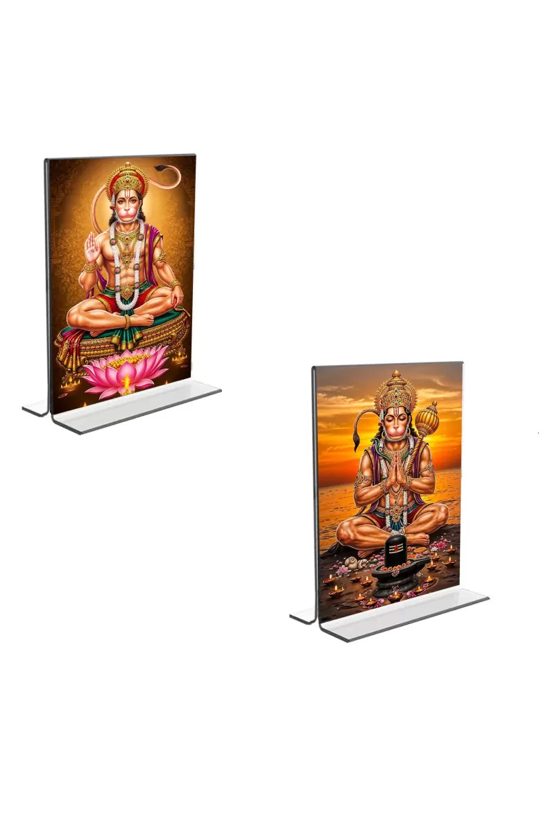 Car Desk/Table Top Sri Hanuman  Acrylic T-Style Photo Stand - 2.5x3.5 Inches, Compact And Stylish Spiritual Display, Easily Change  2 Photos ( Pack Of 1 ) (F9220)